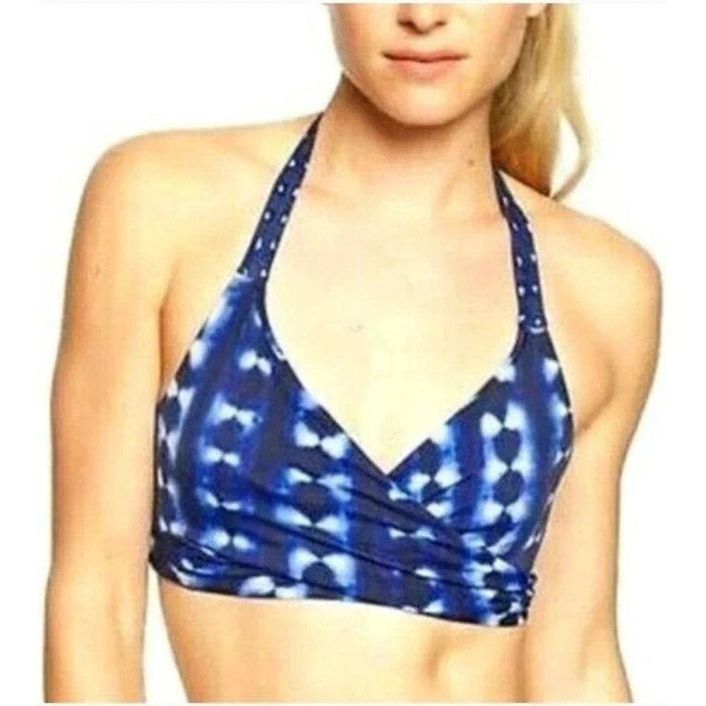 Athleta Mashiko Dress Blue Wrap Halter Swim Bra Top Womens 36D/DD Blue Tie Dye